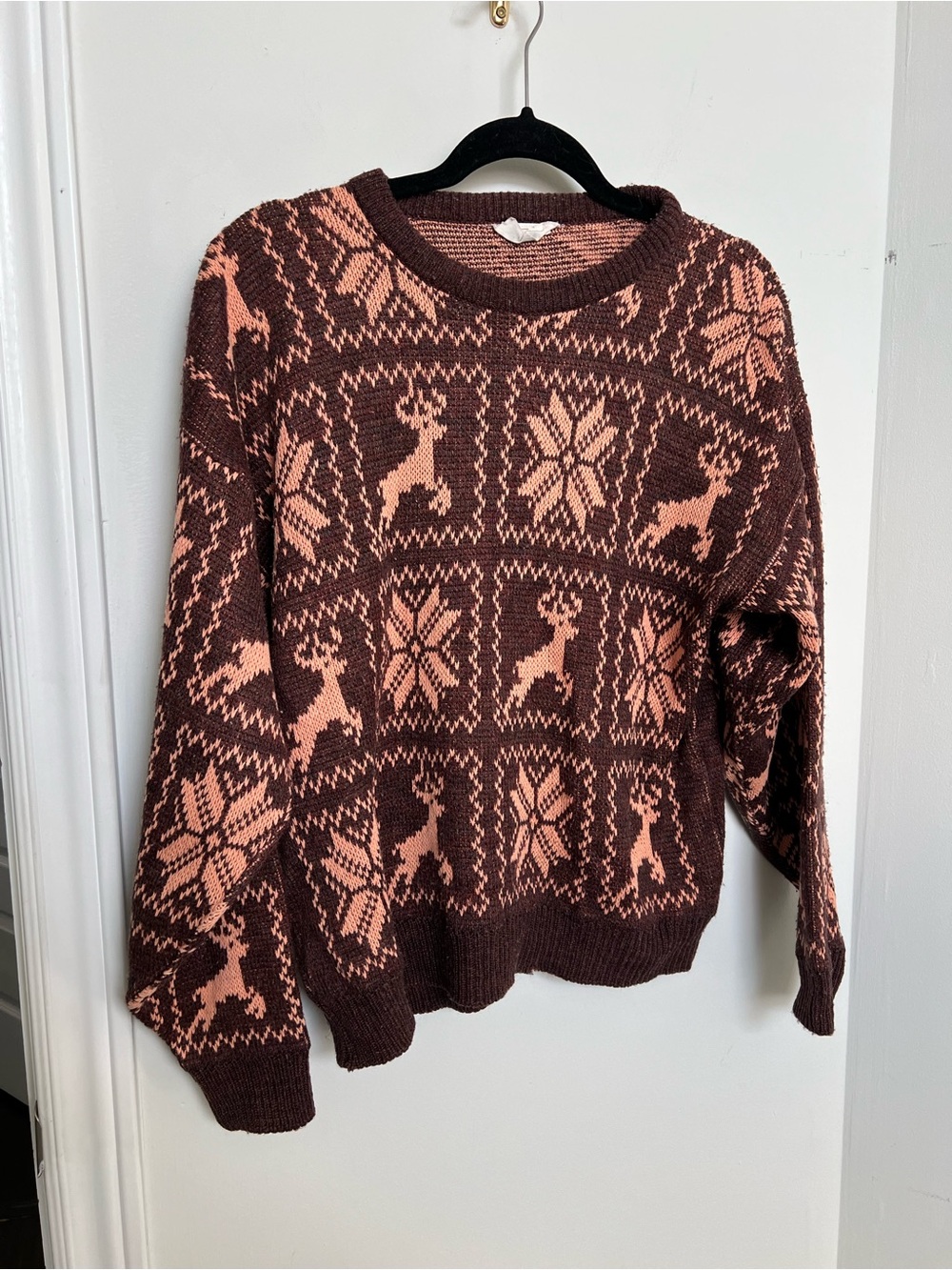 Retro Brown Reindeer Snowflake Nordic Knit Sweater M - Picture 3 of 5